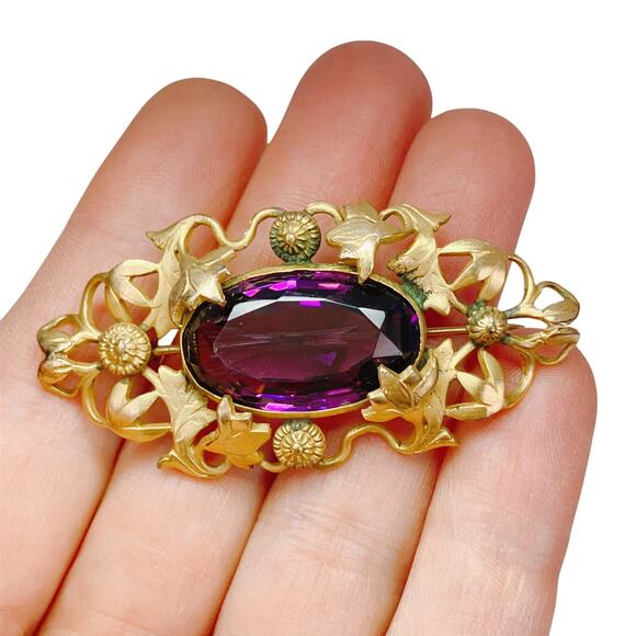 Antique Art Nouveau Gold Tone Ivy Vine Brooch Purple Glass Edwardian 1900s Pin - Picture 4 of 14
